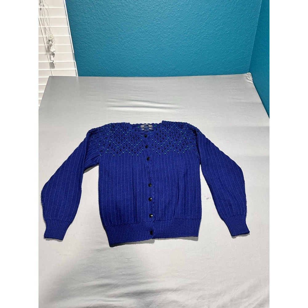 VTG Herman Geist Hand Embroidered Wool Cottage Core Cardigan Blue M